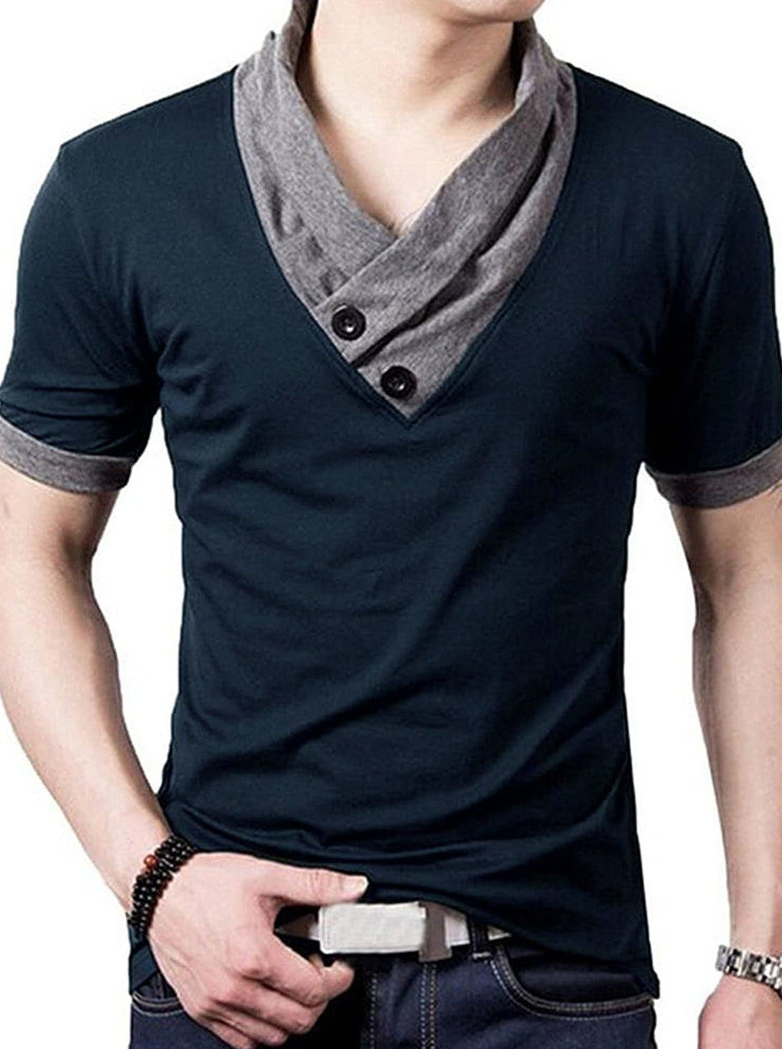 YTD 100% Cotton Mens Casual V-Neck Button Slim Muscle Tops Tee